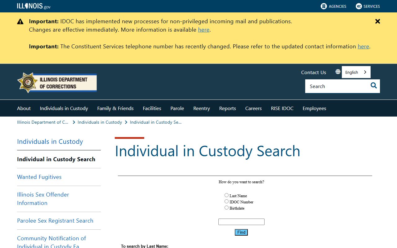 Illinois Department of Corrections individual in custody search used for the sentenced inmate population