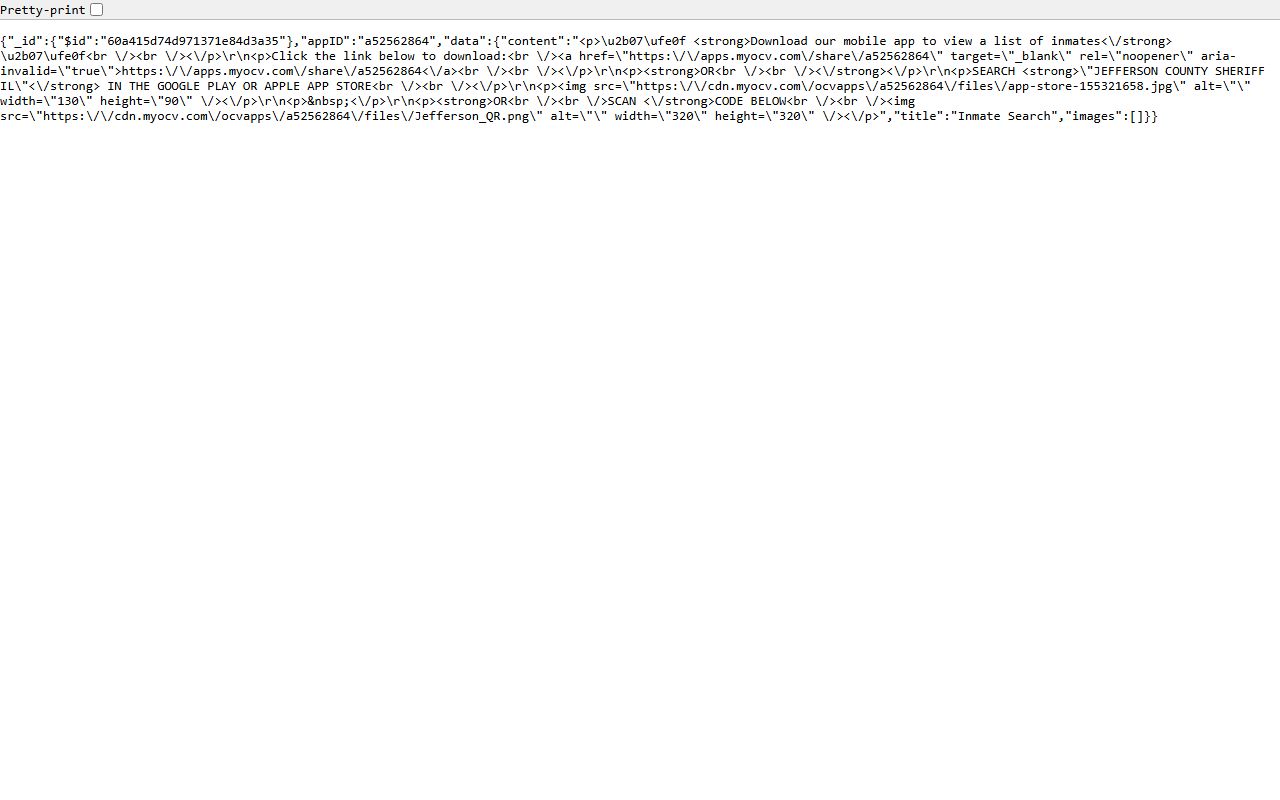 Jefferson County sheriff inmate search page directing users to the app for jail inmate records
