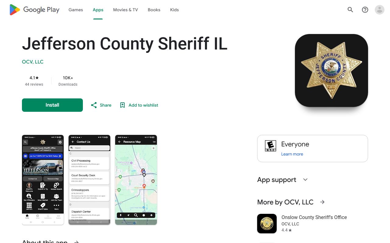Google Play listing for the Jefferson County Sheriff IL app used for jail inmate records