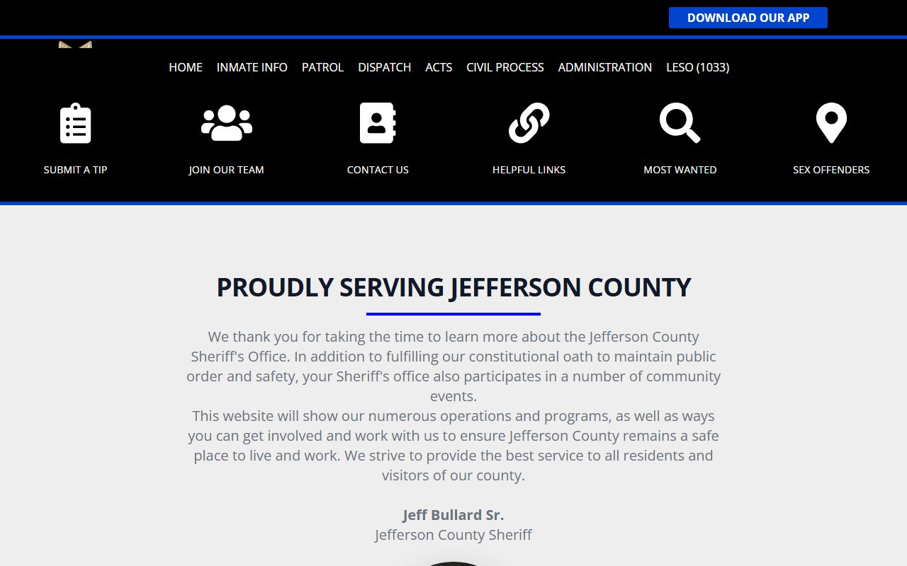 Jefferson County Sheriff's Office homepage with inmate-info navigation for the inmate population search